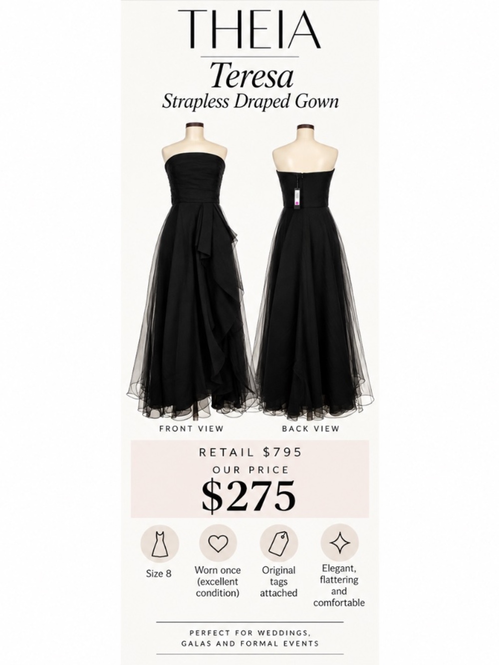 THEIA Teresa Strapless Draped Black Gown Size 8 | $795 Retail